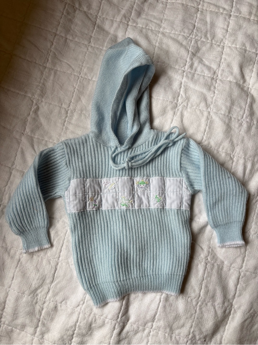 Vintage Petit Ami Light Blue Hooded Knit Embroidered Sweater Baby Boy 18 Months